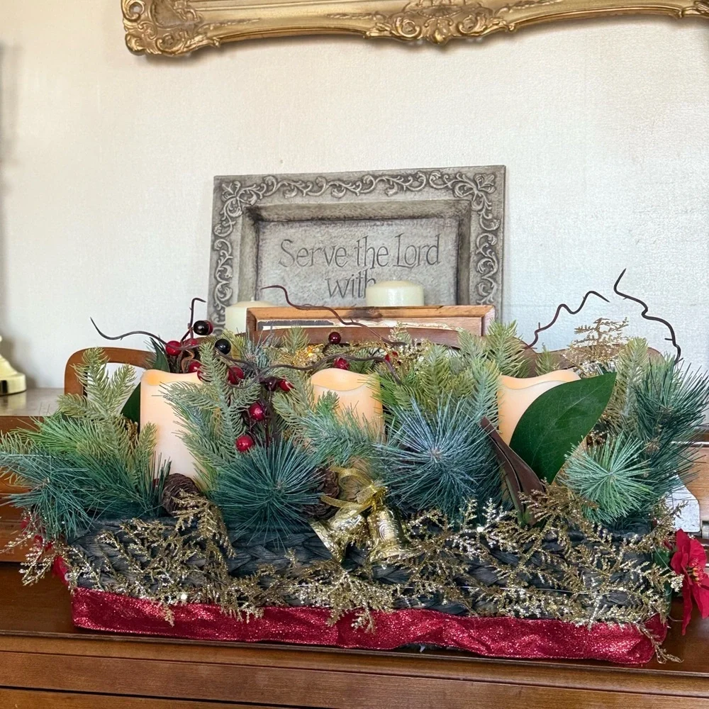 XL 25”  Festive Holiday Candle Gold Centerpiece with Greenery - Home Holiday